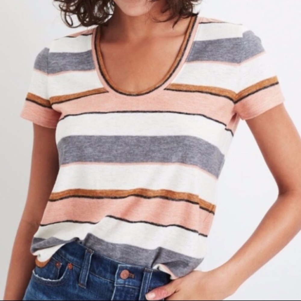 Madewell Pink and Gray Thick-Stripe Tee